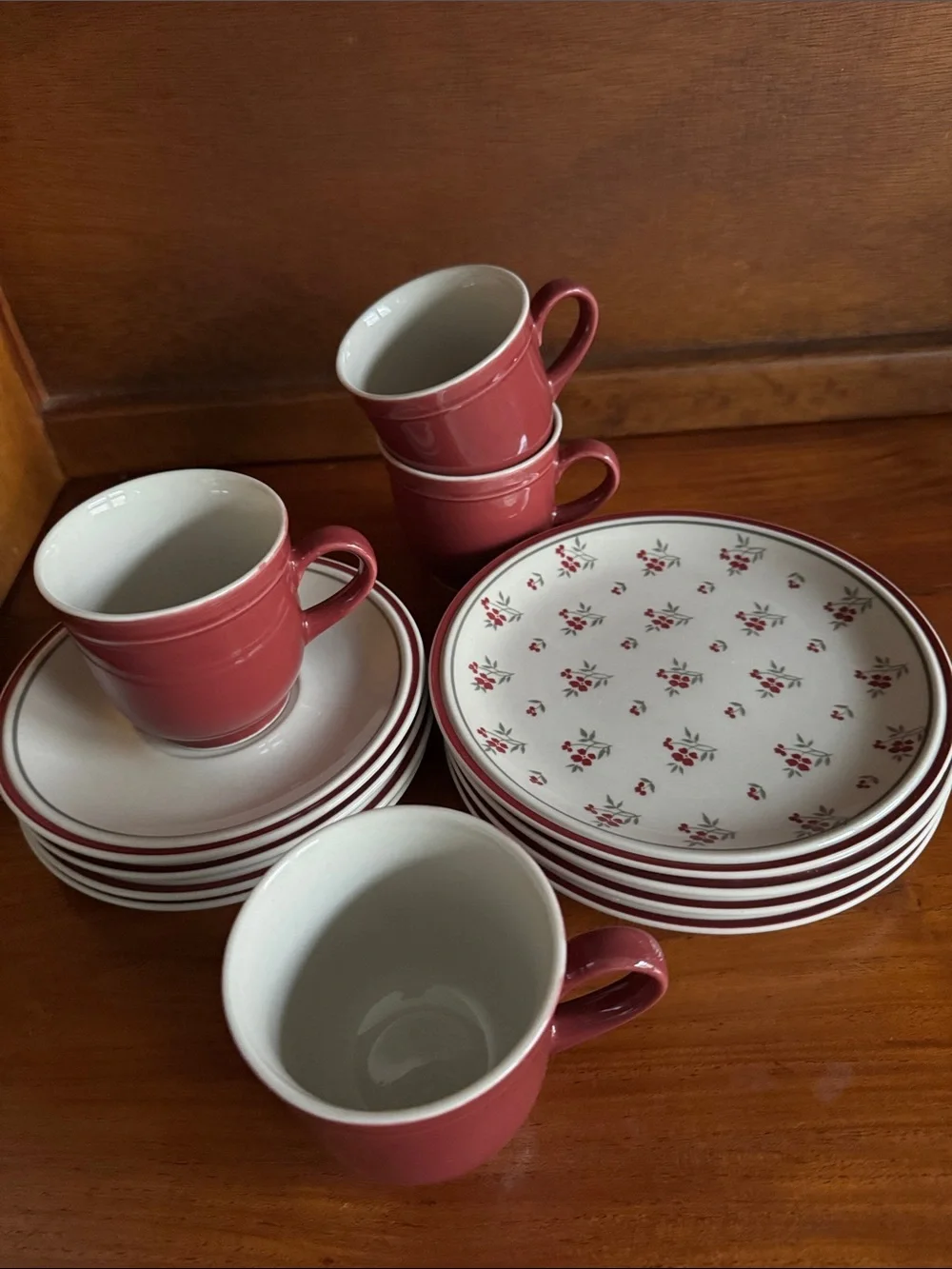 Burgundy Red Salad Plates, Teacups & Saucer Floral Newcor Stoneware 12 Pieces